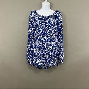 Chaus Blue Floral 3/4 Sleeve Semi Sheer Blouse